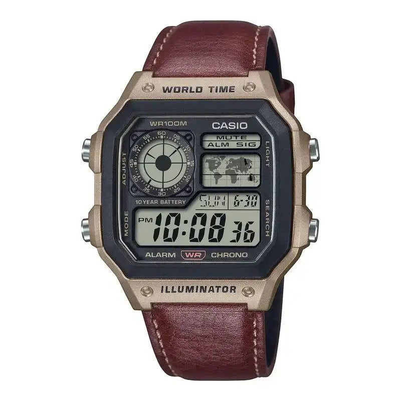 Casio AE-1200WHL-5AVDF World Time digital quartz watch with brown leather strap and champagne-gold resin case