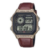 Casio AE-1200WHL-5AVDF World Time digital quartz watch with brown leather strap and champagne-gold resin case