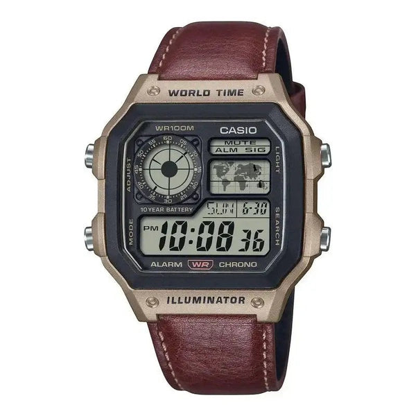 Casio AE-1200WHL-5AVDF World Time digital quartz watch with brown leather strap and champagne-gold resin case