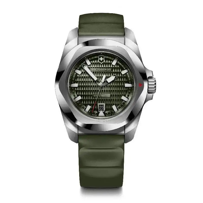 Victorinox I.N.O.X. automatic watch with green textured dial, steel case and black rubber strap