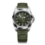 Victorinox I.N.O.X. automatic watch with green textured dial, steel case and black rubber strap