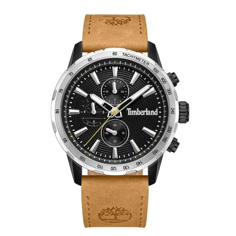 Timberland Kennebunk TDWGF0041541 black chronograph watch with tan leather strap, 46mm case, tachymeter bezel, textured black dial