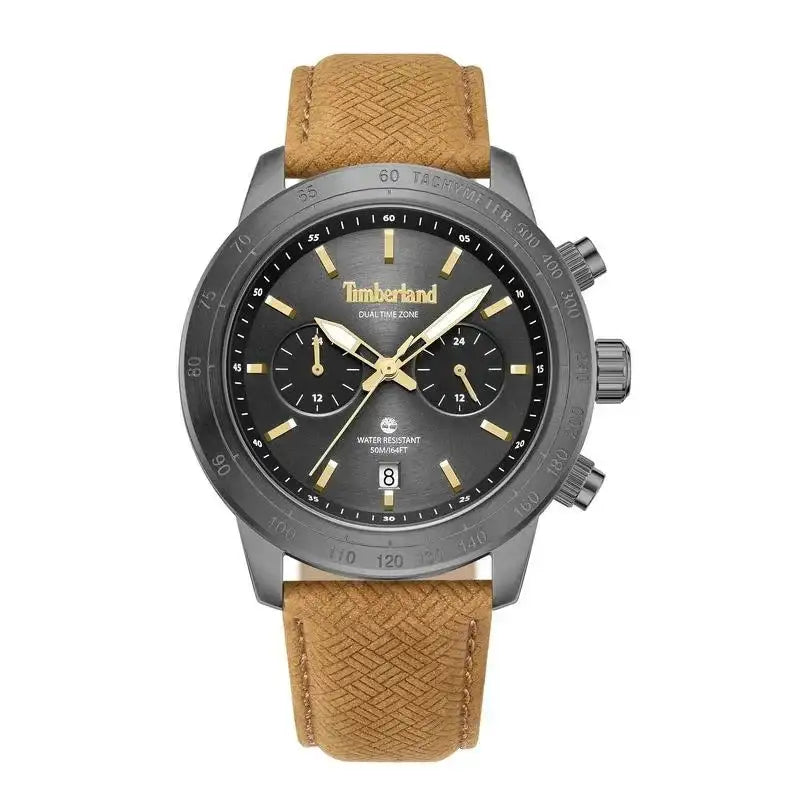 Timberland Raynham grey sunray dial chronograph with gold-tone baton indexes and leather strap