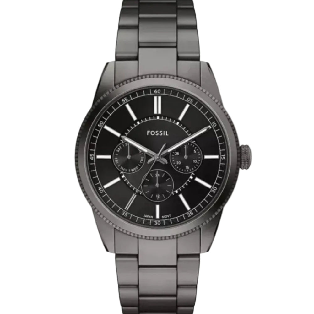 Fossil Pearson FS6136 front view showing black sunray dial and three sub-dials