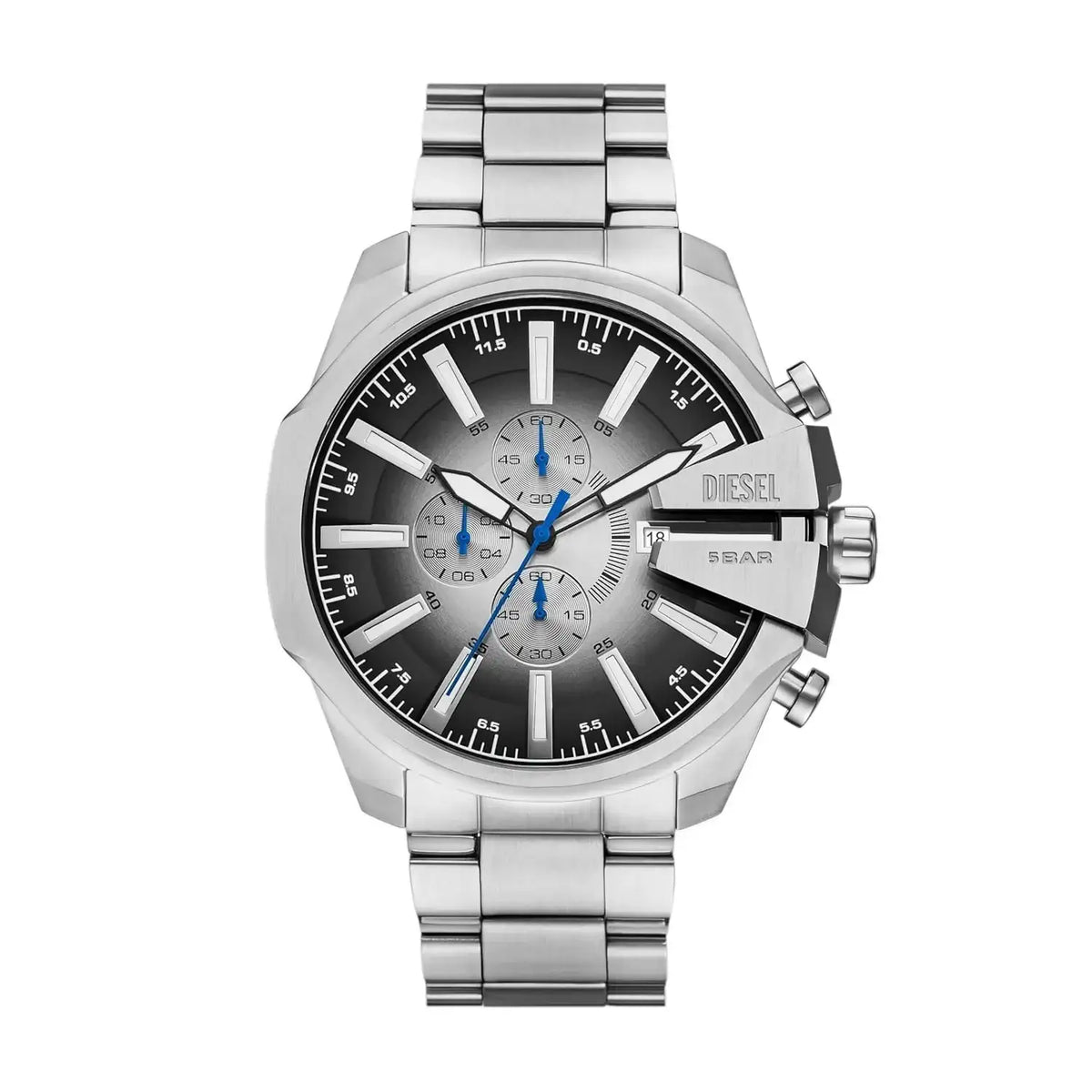 Diesel Mega Chief Slim DZ4686 quartz chronograph watch with 48mm stainless steel case, grey gradient dial, blue chronograph hands, and steel bracelet