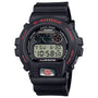 Casio G-Shock DW-6900TR-1DR digital watch with black bio-based resin case, red accents, and shock-resistant construction