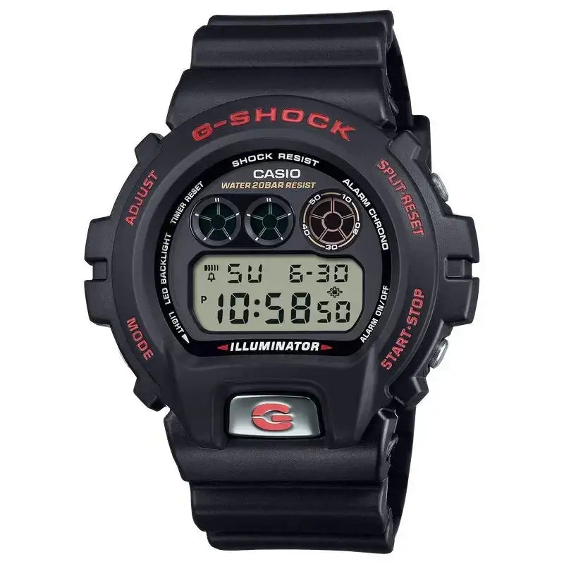 Casio G-Shock DW-6900TR-1DR digital watch with black bio-based resin case, red accents, and shock-resistant construction