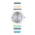 Swatch Marinai GW189 quartz watch with 34mm white plastic case, silver dial with navy blue numerals, and multicoloured silicone strap
