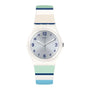 Swatch Marinai GW189 quartz watch with 34mm white plastic case, silver dial with navy blue numerals, and multicoloured silicone strap