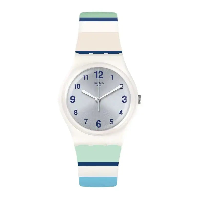Swatch Marinai GW189 quartz watch with 34mm white plastic case, silver dial with navy blue numerals, and multicoloured silicone strap