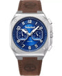 Timberland Mackinac TDWGF0055003 quartz watch with blue sunray dial, dual time sub-dials, 46mm stainless steel cushion case, and brown leather strap with embossed logo