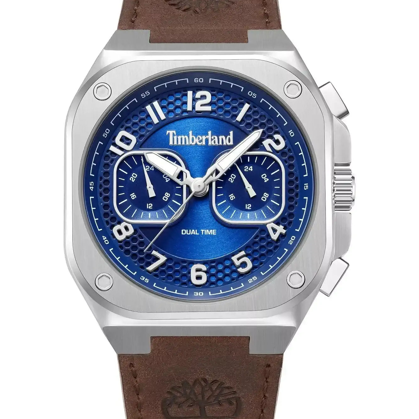 Timberland Mackinac TDWGF0055003 quartz watch with blue sunray dial, dual time sub-dials, 46mm stainless steel cushion case, and brown leather strap with embossed logo