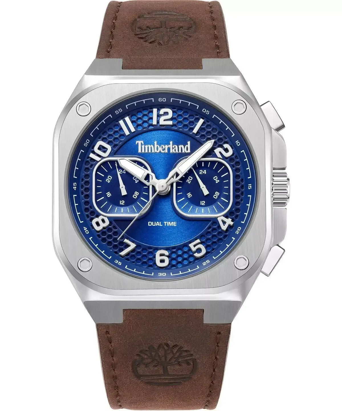 Timberland Mackinac TDWGF0055003 quartz watch with blue sunray dial, dual time sub-dials, 46mm stainless steel cushion case, and brown leather strap with embossed logo