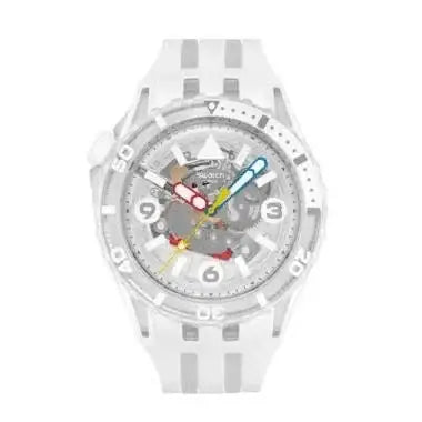 Swatch Scubaqua Aurelia Aurita 44mm white bioceramic quartz watch with transparent bezel and white silicone strap SSCU09K100