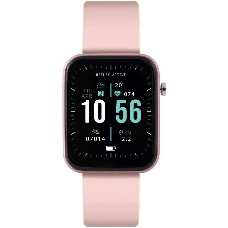 Reflex Active Series 13 smartwatch in blush pink with square touchscreen display showing fitness metrics and silicone strap