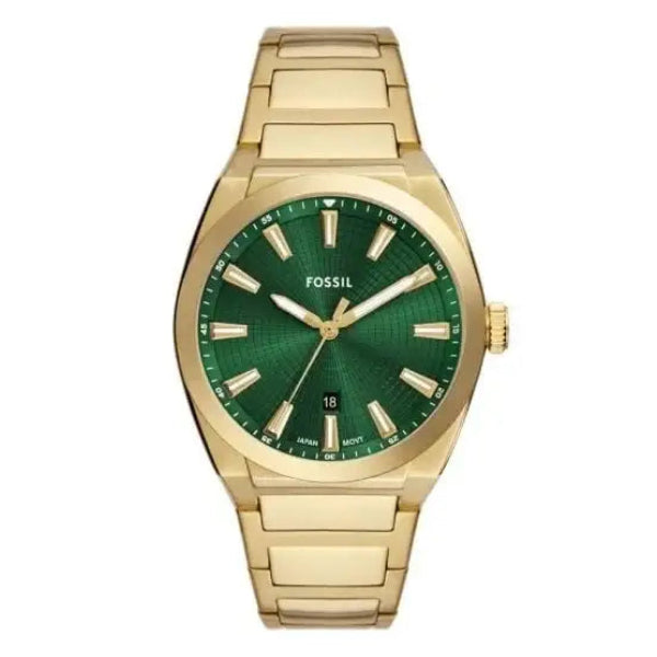Fossil Everett FS6090 men's quartz watch with green sunray dial and gold-tone stainless steel bracelet