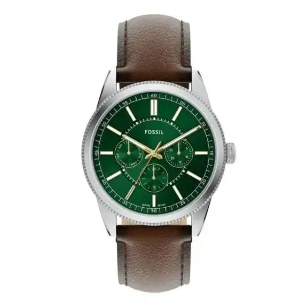 Fossil Pearson FS6137 multifunction quartz watch with green sunray dial, 42mm stainless steel case, brown leather strap, and coin-edge bezel
