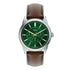 Fossil Pearson FS6137 multifunction quartz watch with green sunray dial, 42mm stainless steel case, brown leather strap, and coin-edge bezel