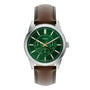 Fossil Pearson FS6137 multifunction quartz watch with green sunray dial, 42mm stainless steel case, brown leather strap, and coin-edge bezel