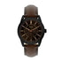 Fossil Pearson FS6138 multifunction quartz watch with 42mm black ion-plated case, brown sunray dial, rose gold-tone indices, and brown leather strap
