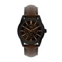 Fossil Pearson FS6138 multifunction quartz watch with 42mm black ion-plated case, brown sunray dial, rose gold-tone indices, and brown leather strap