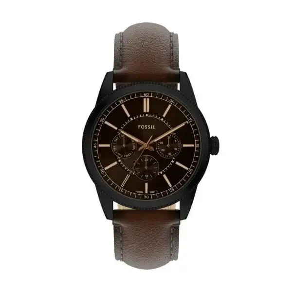 Fossil Pearson FS6138 multifunction quartz watch with 42mm black ion-plated case, brown sunray dial, rose gold-tone indices, and brown leather strap