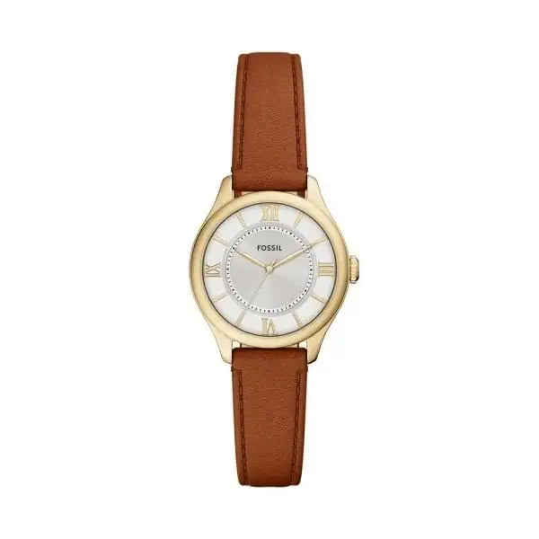 Fossil Gilmore ES5423 quartz watch with 28mm gold-tone case, silver dial with Roman numerals, and brown leather strap
