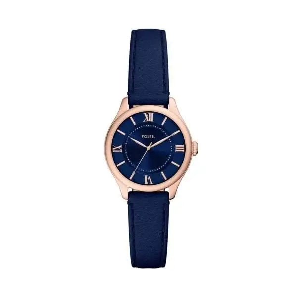 Fossil Gilmore ES5424 women's quartz watch with 28mm rose gold PVD case, navy blue sunray dial with Roman numerals, and navy crocodile-embossed leather strap