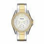 Fossil Riley ES3204 pre-owned multifunction quartz watch with crystal-set bezel and two-tone stainless steel bracelet silver dial