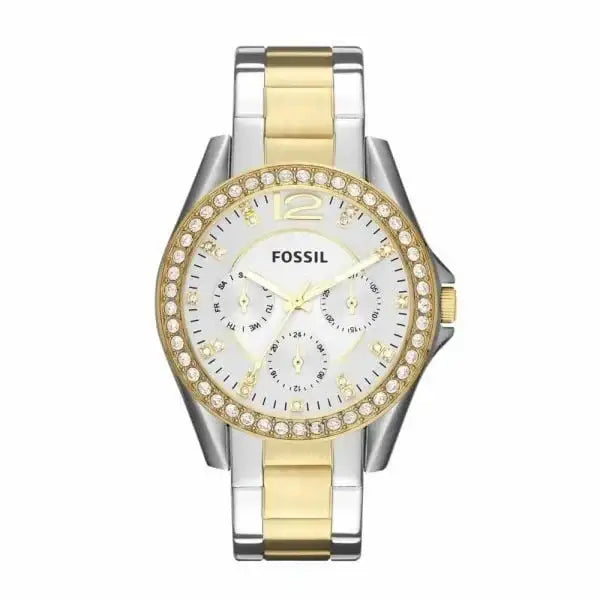 Fossil Riley ES3204 pre-owned multifunction quartz watch with crystal-set bezel and two-tone stainless steel bracelet silver dial
