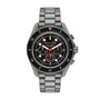 Michael Kors Maritime MK9204 gunmetal chronograph diver watch with black dial, rose gold accents, and stainless steel bracelet on white background