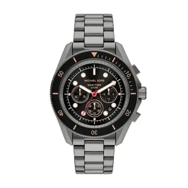 Michael Kors Maritime MK9204 gunmetal chronograph diver watch with black dial, rose gold accents, and stainless steel bracelet on white background