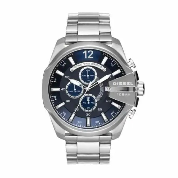 Diesel Mega Chief DZ4417 quartz chronograph watch with blue sunray dial and stainless steel bracelet