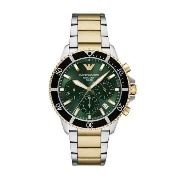 Emporio Armani World Explorer AR11695 solar chronograph watch with green sunray dial, black bezel, and two-tone stainless steel bracelet