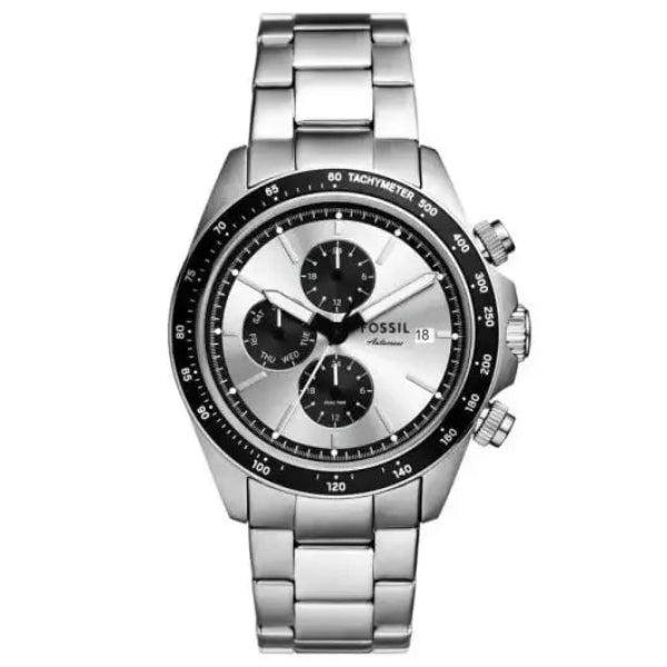 Fossil Autocross FS6124 chronograph with silver sunray dial and steel bracelet, front view