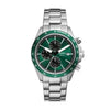 Fossil Autocross FS6127 quartz chronograph watch with green dial, green tachymeter bezel, and stainless steel bracelet