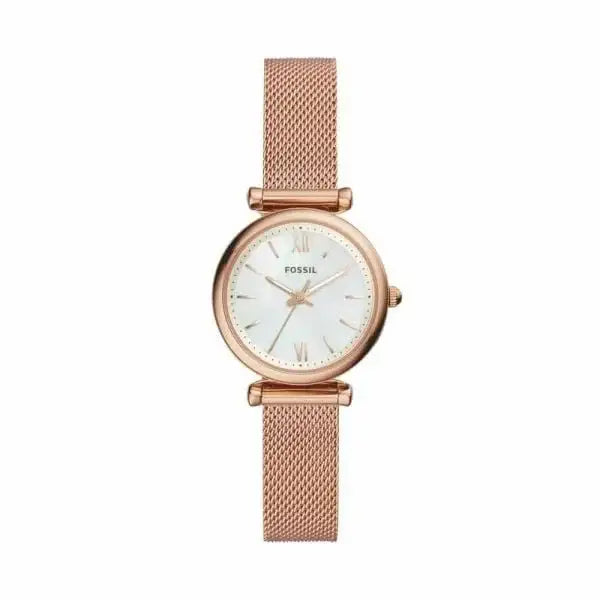 Fossil Carlie Mini ES4433 quartz watch with mother-of-pearl dial and rose gold-tone mesh bracelet on white background