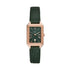 Fossil Raquel ES5366 women's quartz watch with 23mm rose gold-tone rectangular case, green sunray dial with Roman numerals, date window, and green croco-embossed LiteHide leather strap
