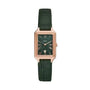 Fossil Raquel ES5366 women's quartz watch with 23mm rose gold-tone rectangular case, green sunray dial with Roman numerals, date window, and green croco-embossed LiteHide leather strap