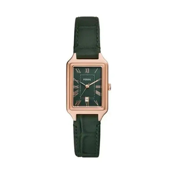 Fossil Raquel ES5366 women's quartz watch with 23mm rose gold-tone rectangular case, green sunray dial with Roman numerals, date window, and green croco-embossed LiteHide leather strap