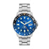 Fossil Blue GMT watch with blue sunray dial and steel bracelet, front view
