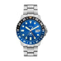 Fossil Blue GMT watch with blue sunray dial and steel bracelet, front view