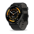 Garmin Venu 3 smartwatch with slate stainless steel bezel, black case, black leather band and AMOLED display showing fitness metrics