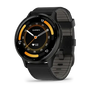 Garmin Venu 3 smartwatch with slate stainless steel bezel, black case, black leather band and AMOLED display showing fitness metrics