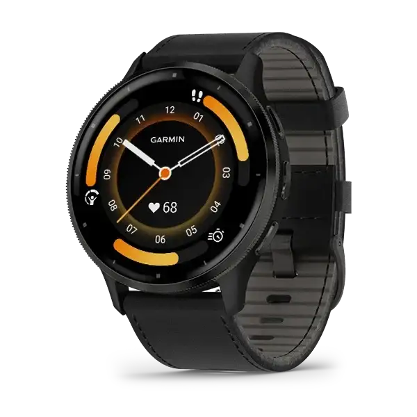 Garmin Venu 3 smartwatch with slate stainless steel bezel, black case, black leather band and AMOLED display showing fitness metrics