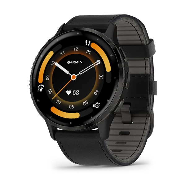 Garmin Venu® 3 Slate stainless steel bezel with black case and black leather band 010-02784-52