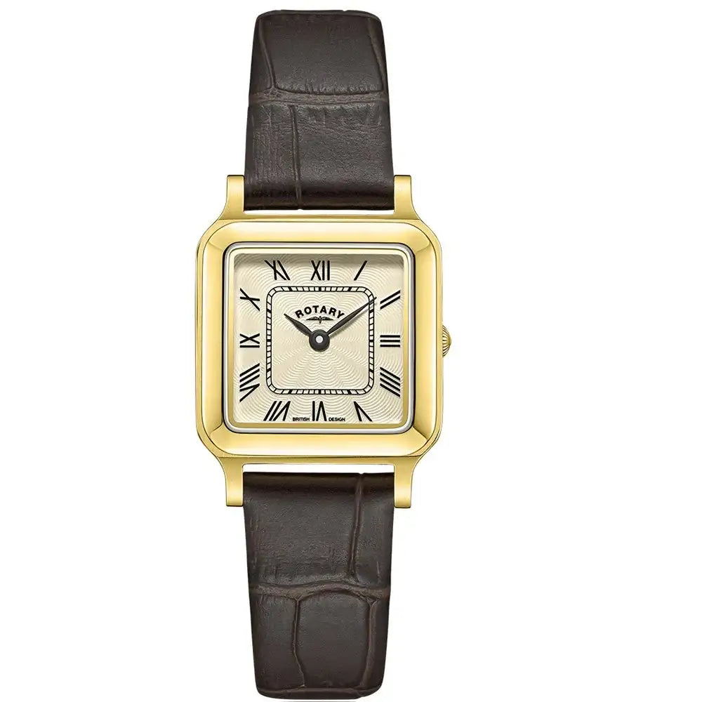 Rotary Cambridge LS05543/09 ladies quartz watch with square gold PVD case, champagne guilloché dial, Roman numerals, and brown embossed leather strap