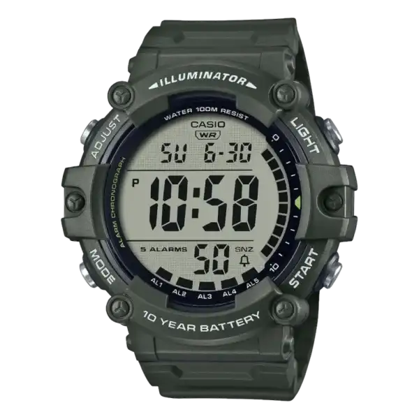 Casio Illuminator AE-1500WHX-3AVDF digital sports watch with green camouflage resin case and strap showing large LCD display and 10-year battery marking