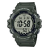 Casio Illuminator AE-1500WHX-3AVDF digital sports watch with green camouflage resin case and strap showing large LCD display and 10-year battery marking