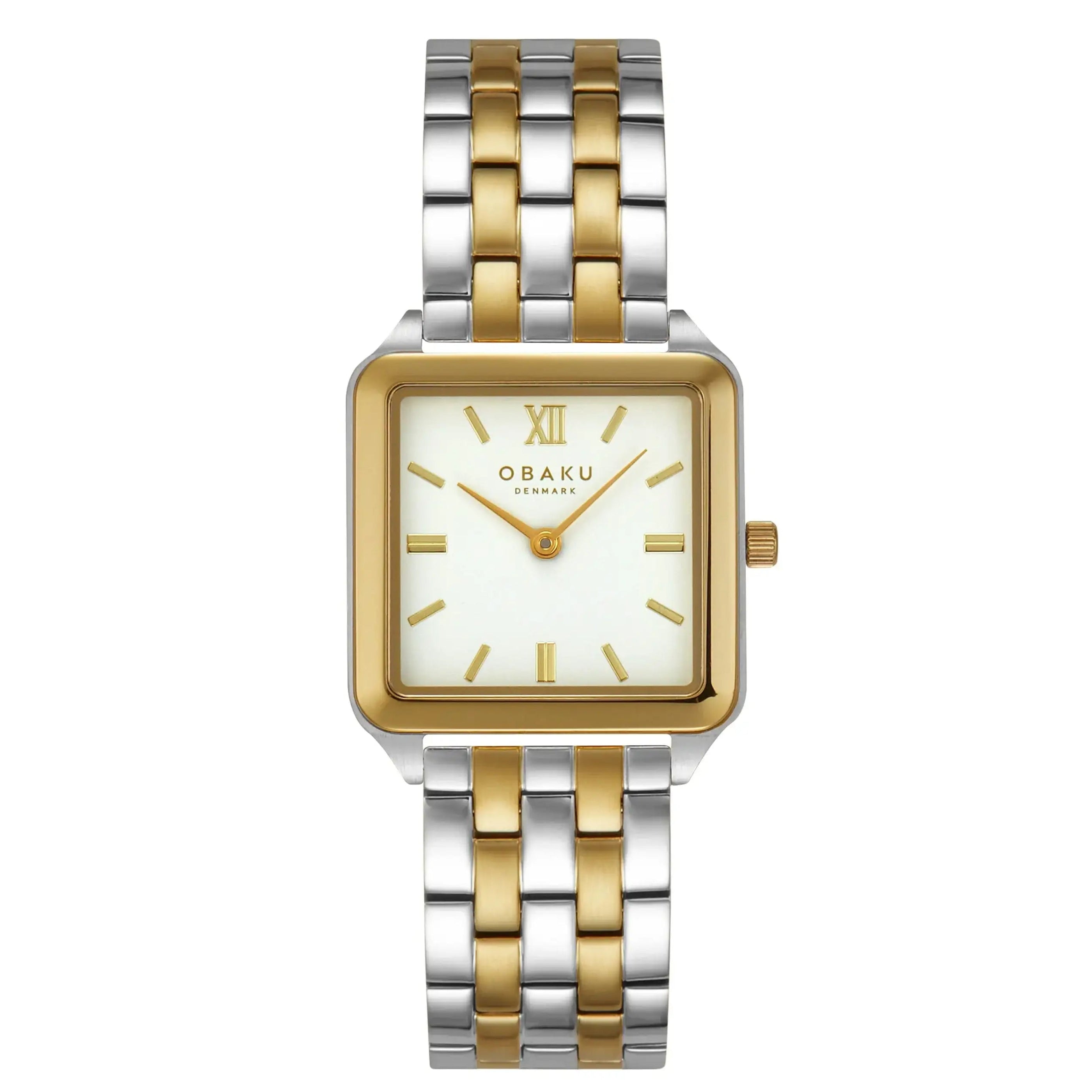 Obaku Graf Butter V309LXFWSF two-tone square quartz watch with white dial and gold-tone hands on integrated stainless steel bracelet